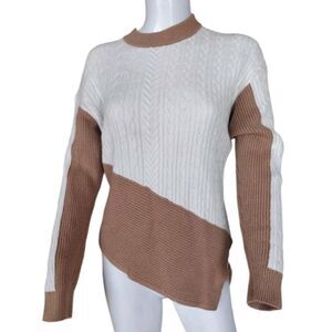 Express Sweater Woman‎ M Beige Tan Knit Fall Asymmetrical Long Sleeve Colorblock